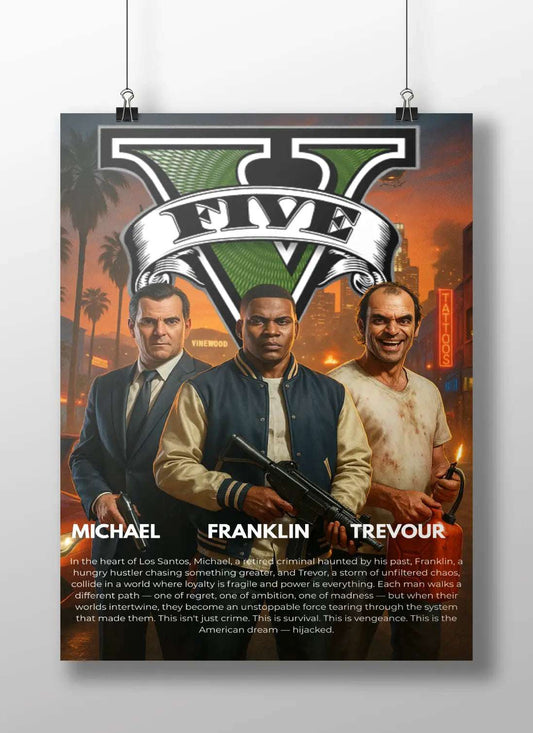 GTA 5 Poster – Michael, Franklin & Trevor | Grand Theft Auto V Wall Art for Gamers