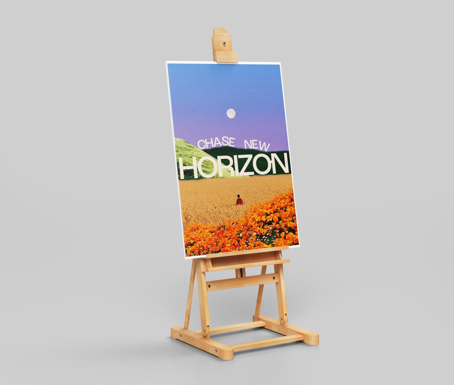 "Chase New Horizon" Inspirational Landscape Art Poster - Dreamy Fields & Full Moon Motivational Print