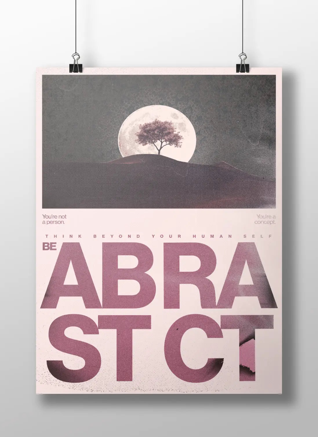 "BE ABSTRACT" Full Moon & Solitary Tree Art Poster - Existential Concept & Self-Discovery Print