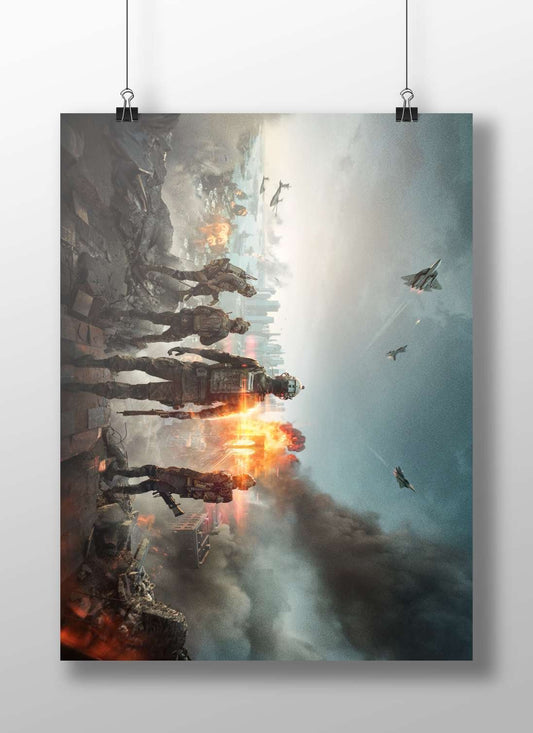 Futuristic soldiers in advanced combat armor observing aerial warfare over a destroyed cityscape. Main Subject: Futuristic