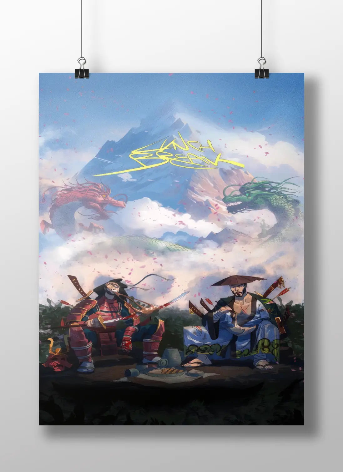Lunch Break Samurai Poster – Anime-Style Warrior & Dragon Fantasy Art Print | Japanese Ronin Wall Decor
