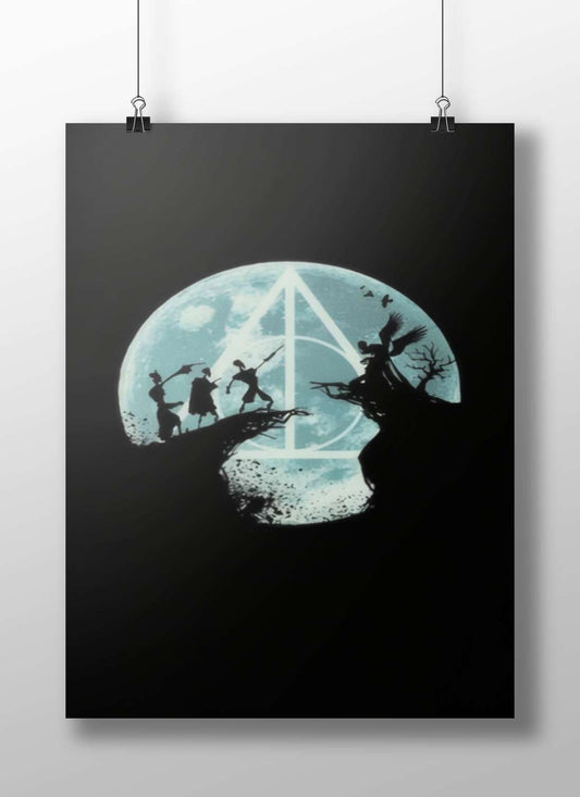 Harry Potter characters (Hermione, Ron, Harry) in relation to the Ministry of Magic emblem from