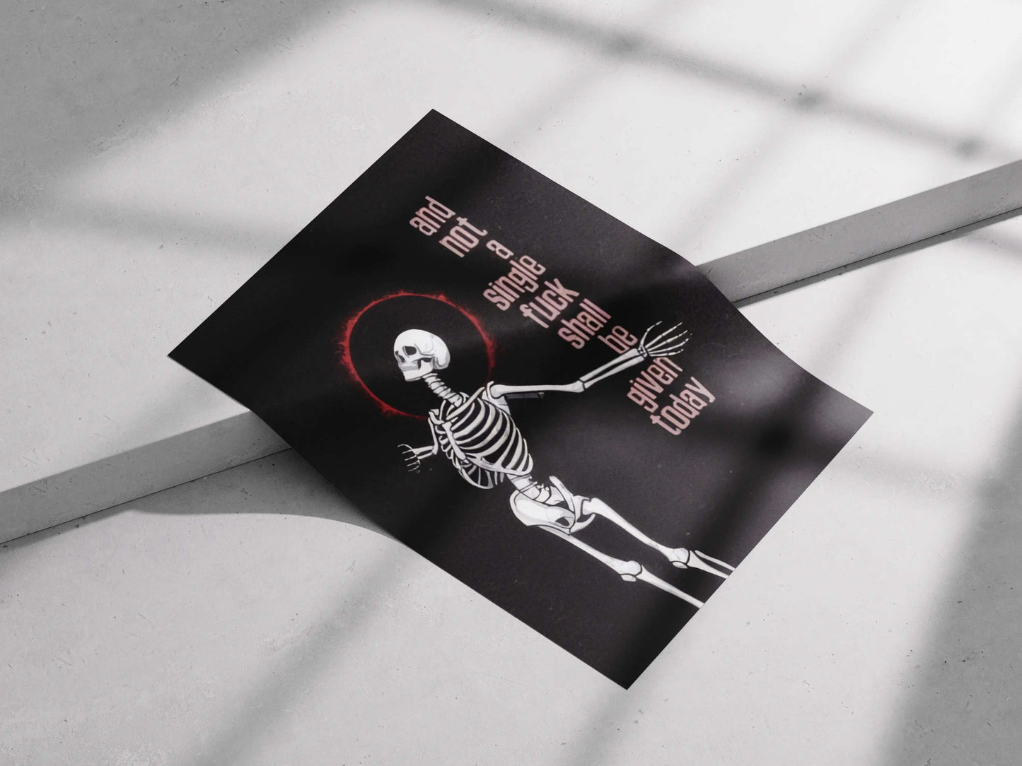 Skeleton “Not a Single F* Given” Poster – Dark Aesthetic Goth Wall Art | Grunge Sarcastic Quote Print
