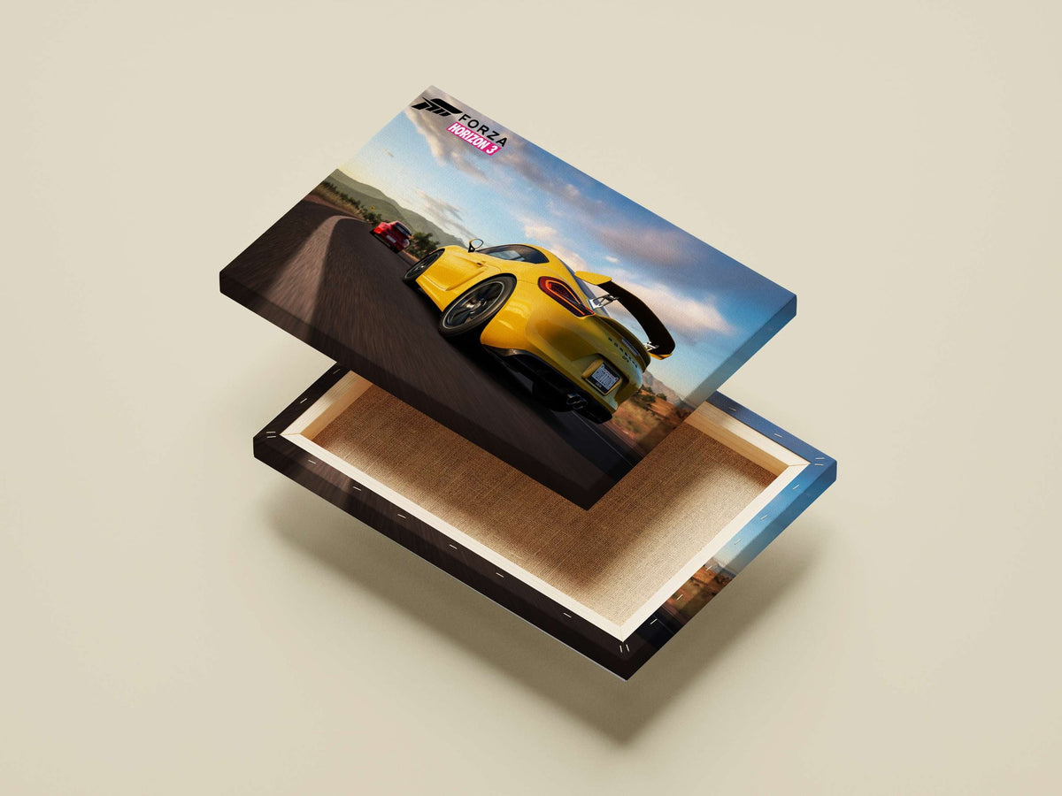 Yellow Porsche 911 GT4 from Forza Horizon 3 Main Subject: Yellow Porsche 911 GT4 from Forza Horizon 3 Canvas wall art — Cars