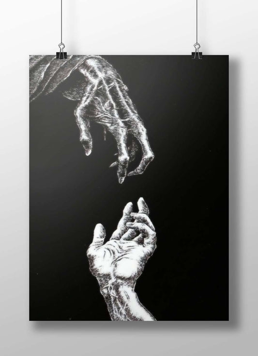 two hands (skeletal and human) Two Hands - Noir Minimalist Poster