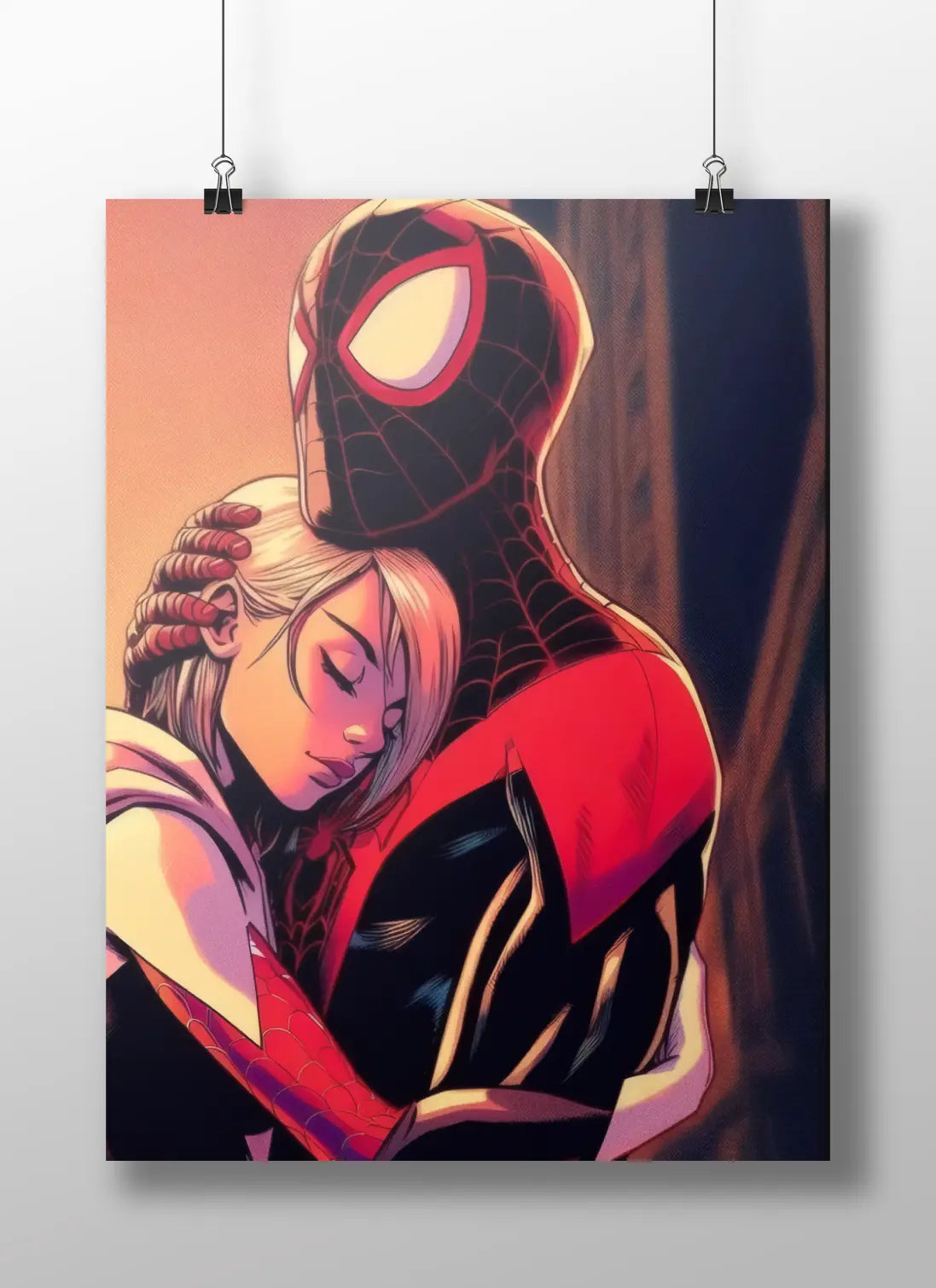 Spider-Man: Miles Morales & Spider-Gwen Embrace Comic Art Poster - Across The Spider-Verse Love & Friendship Print
