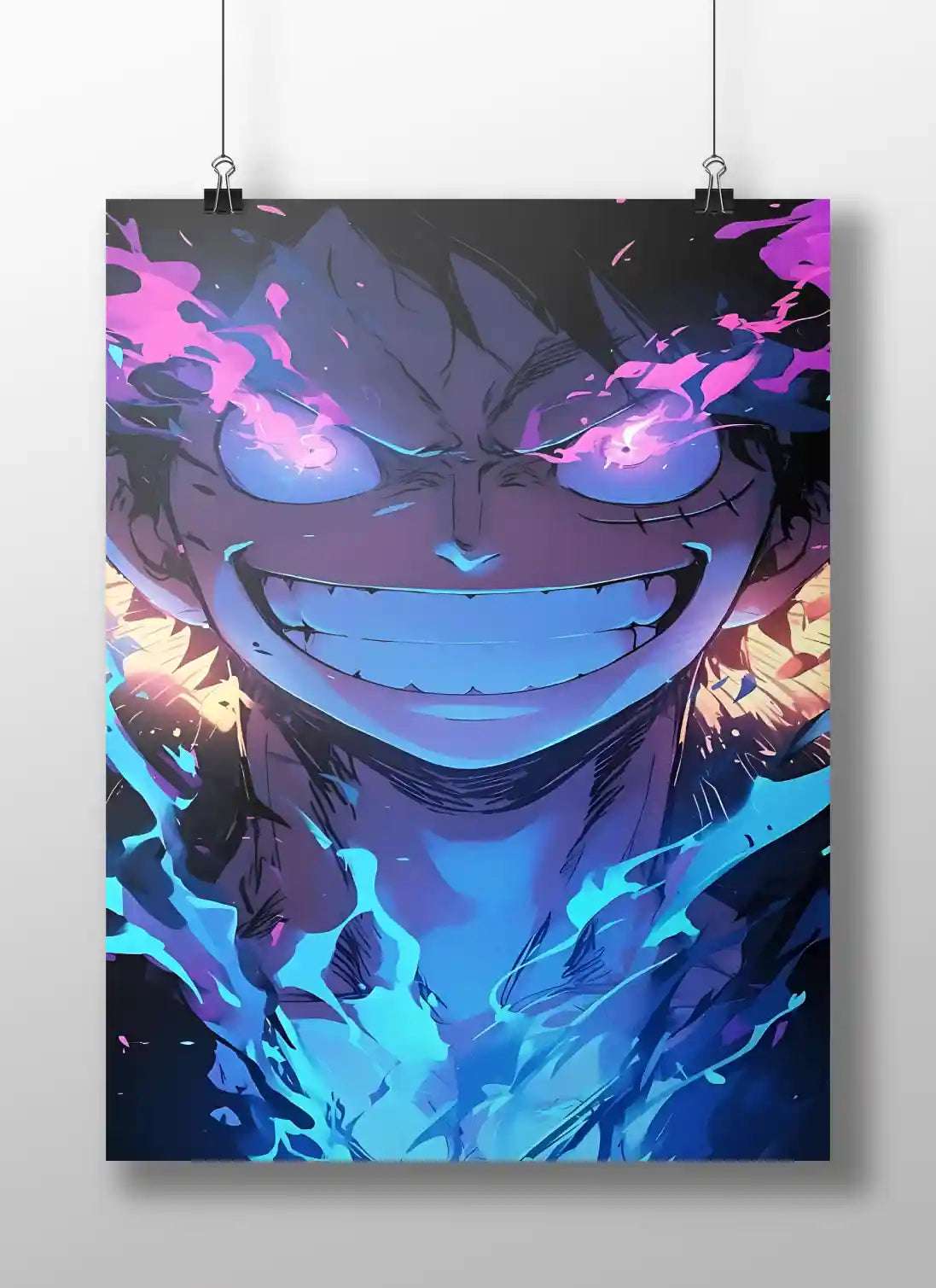 One Piece Monkey D. Luffy Gear 5 Awakening Anime Poster - Glowing Smile & Pink-Blue Aura Art Print