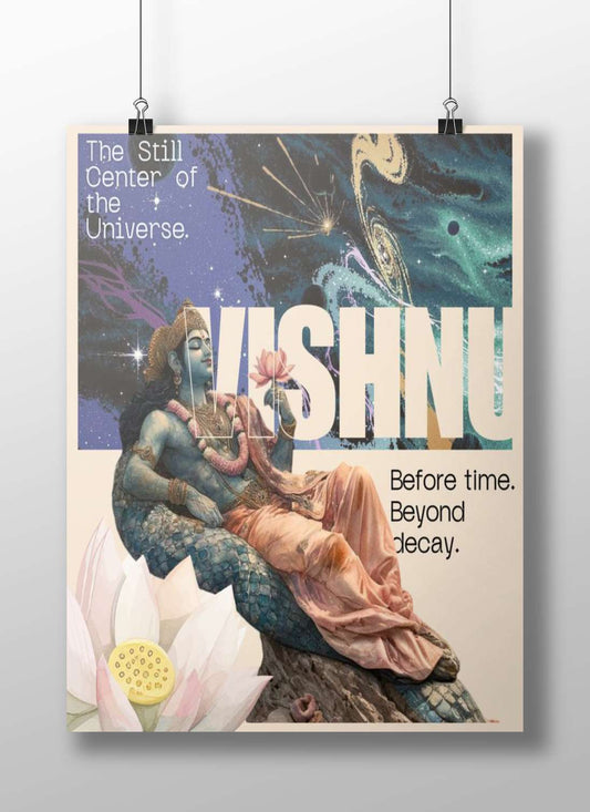 Lord Vishnu Cosmic Night Digital Collage Poster – Divine Art For Spiritual Space