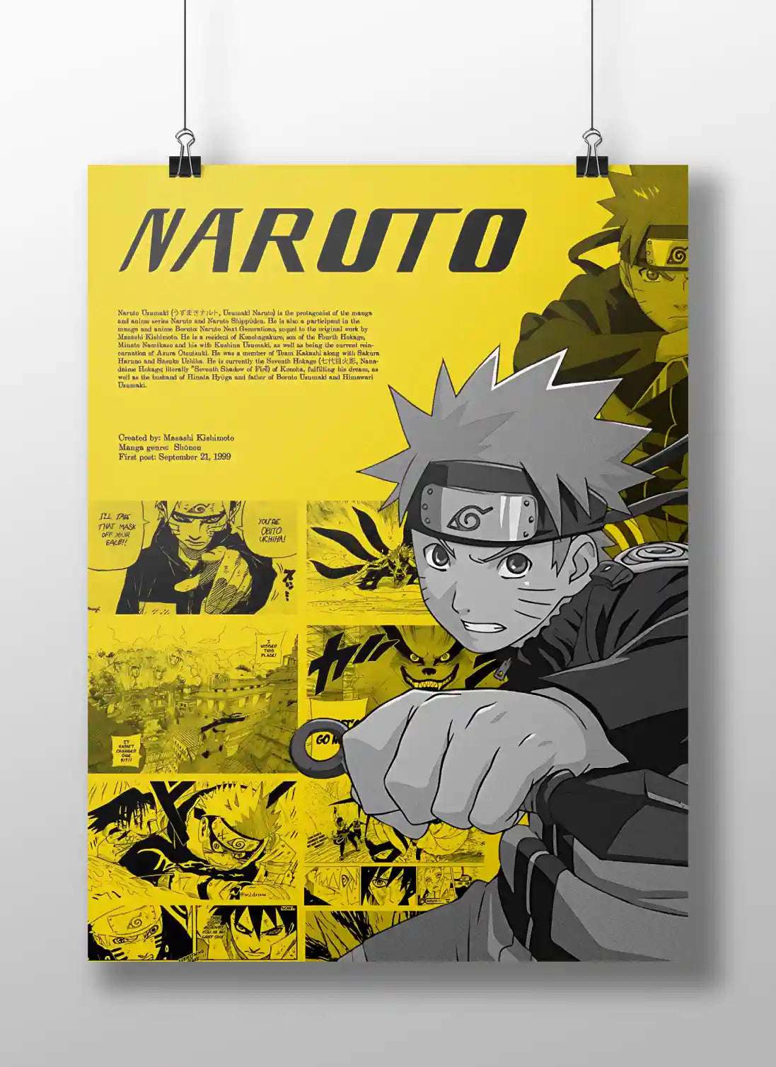 Naruto Uzumaki Manga Panel Pop Art Poster - Yellow Aesthetic & Character Biography Print