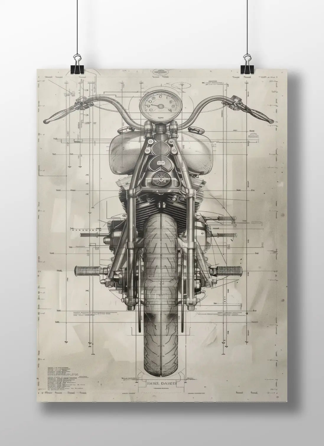 Harley-Davidson Motorcycle Blueprint Poster – Vintage Biker Wall Art for Garage & Workshop Decor