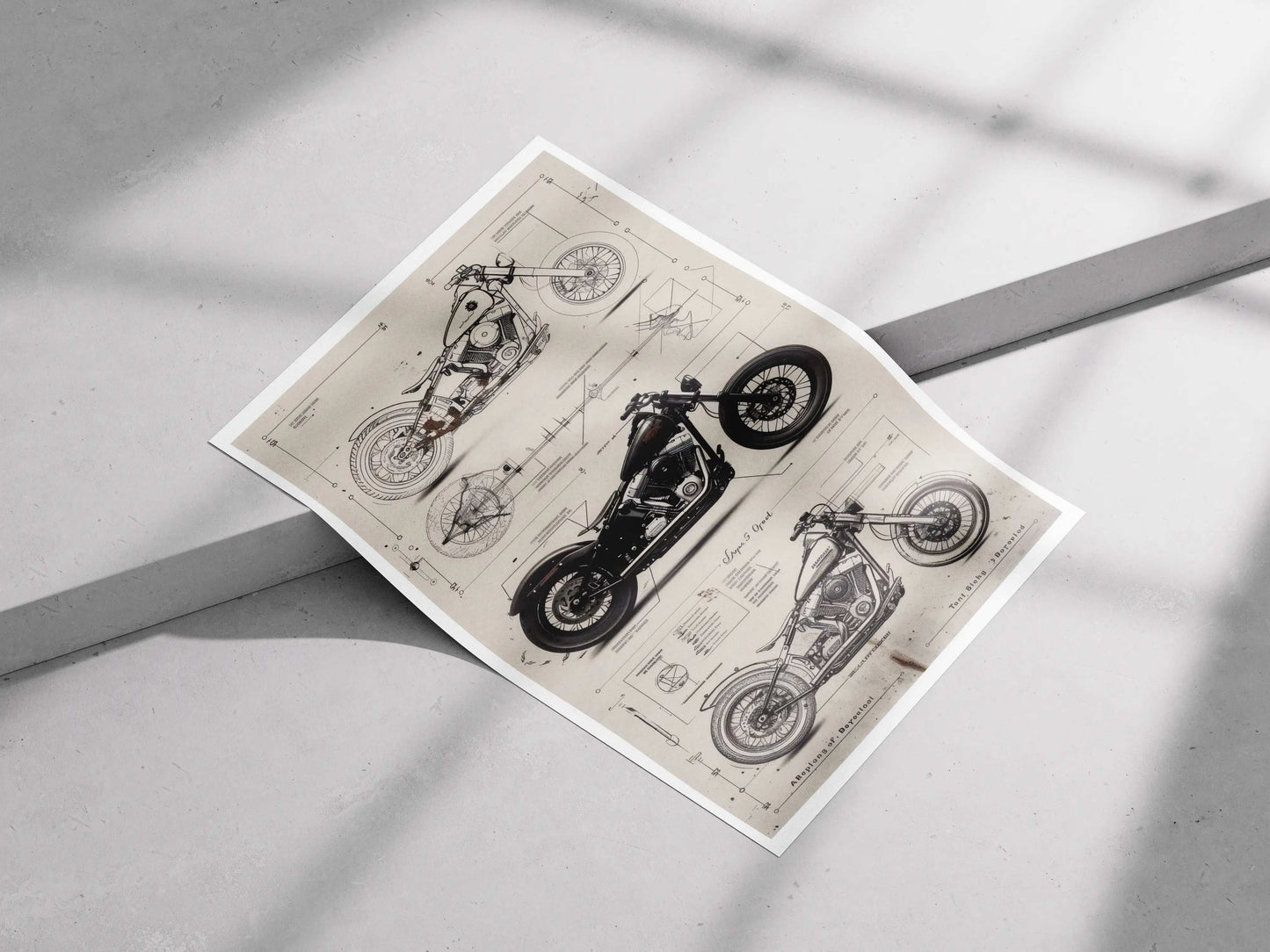 Custom Bobber Motorcycle Blueprint Poster – Vintage Garage Wall Art for Bikers & Engineers