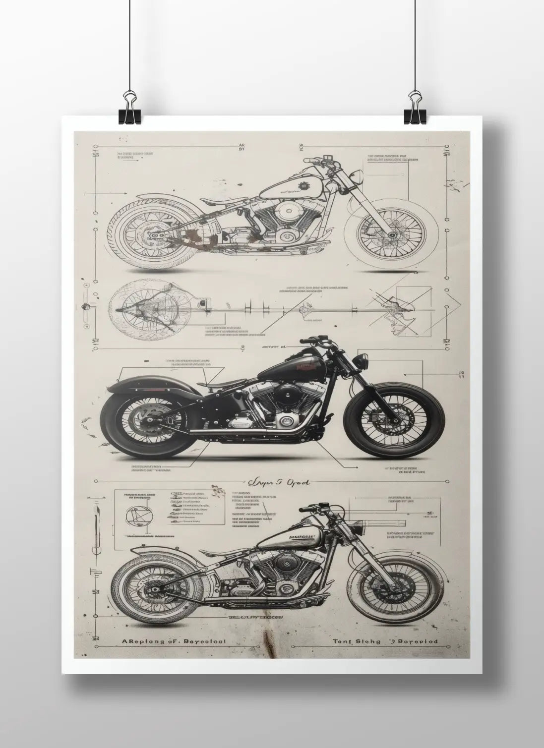 Custom Bobber Motorcycle Blueprint Poster – Vintage Garage Wall Art for Bikers & Engineers
