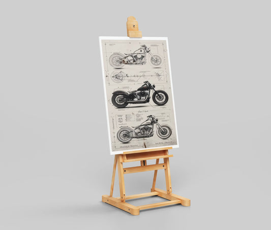 Custom Bobber Motorcycle Blueprint Poster – Vintage Garage Wall Art for Bikers & Engineers