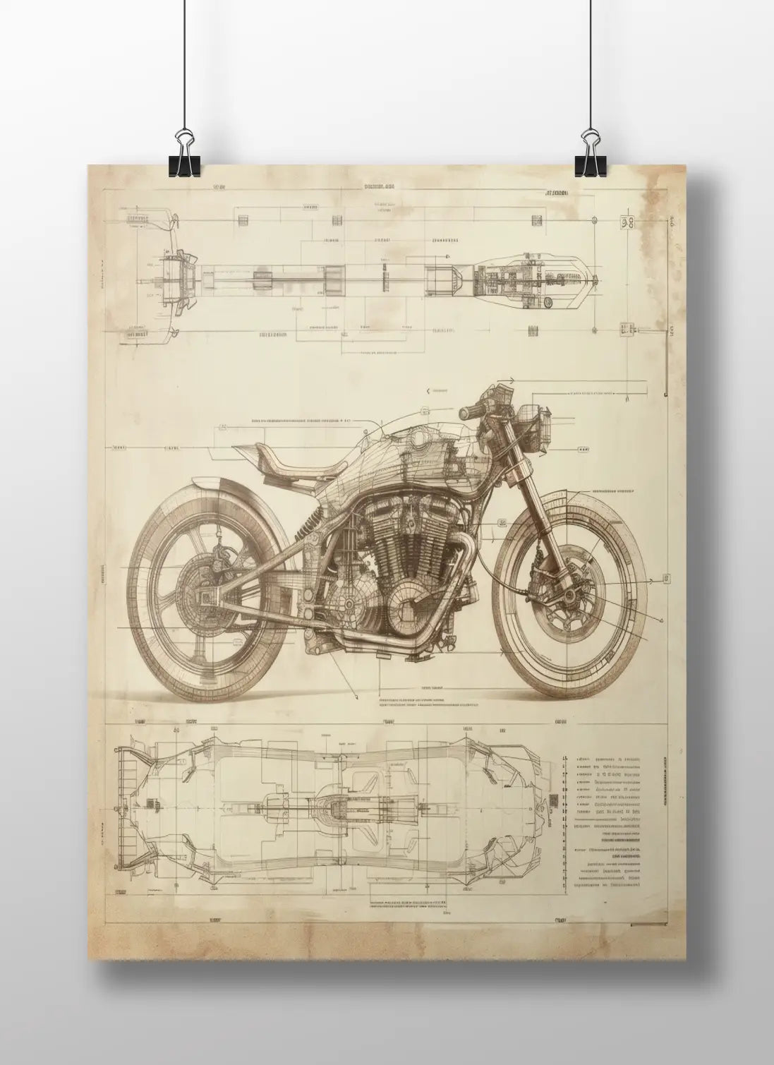 Cafe Racer Motorcycle Blueprint Poster – Vintage Mechanic Wall Art for Bike Enthusiasts & Workshops
