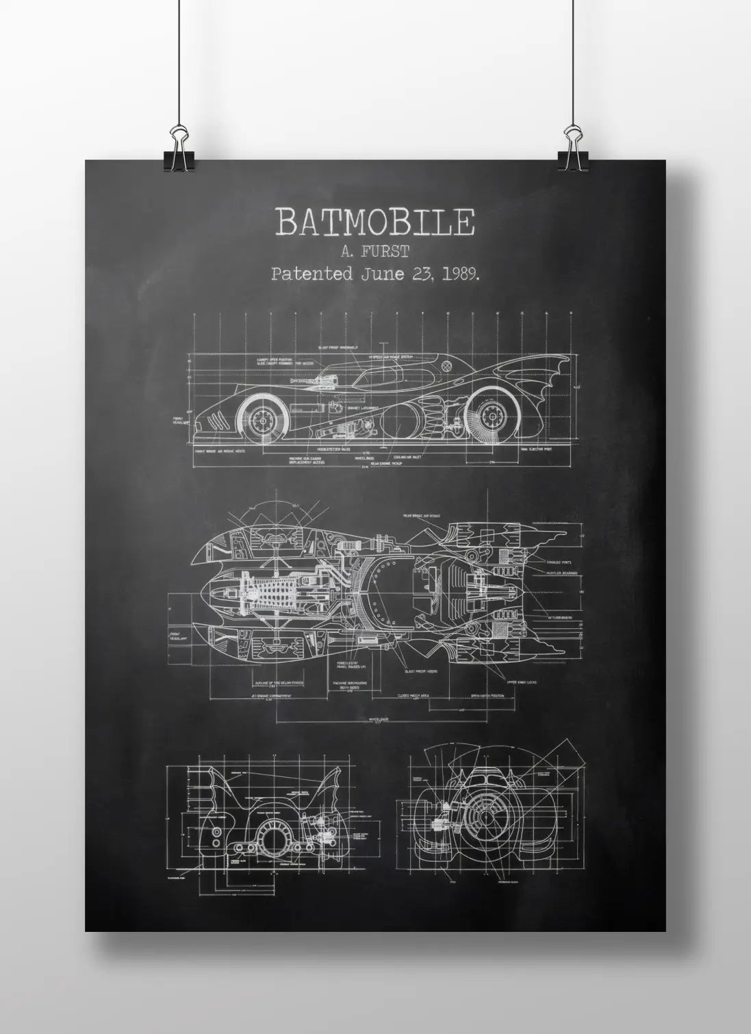 Batmobile Blueprint Patent Poster - Batman 1989 Tim Burton Movie Vehicle Technical Drawing Art Print