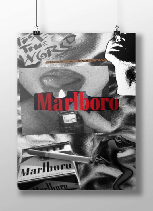 Digital collage featuring Marlboro cigarette brand, lips close-up, and text elements "I S T T