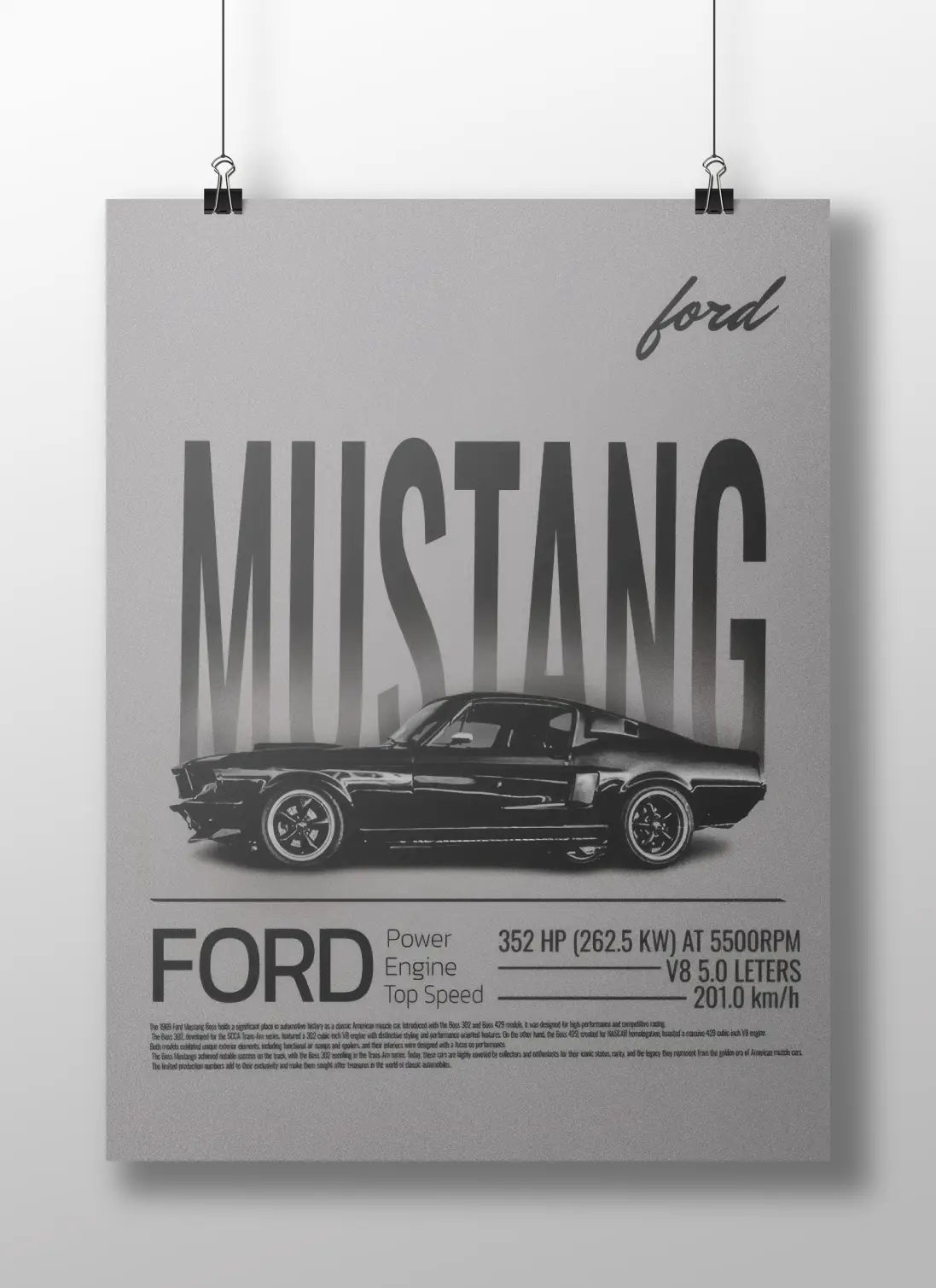 Ford Mustang Vintage Poster – Retro Car Wall Art | Classic V8 Muscle Car Decor for Garage & Office