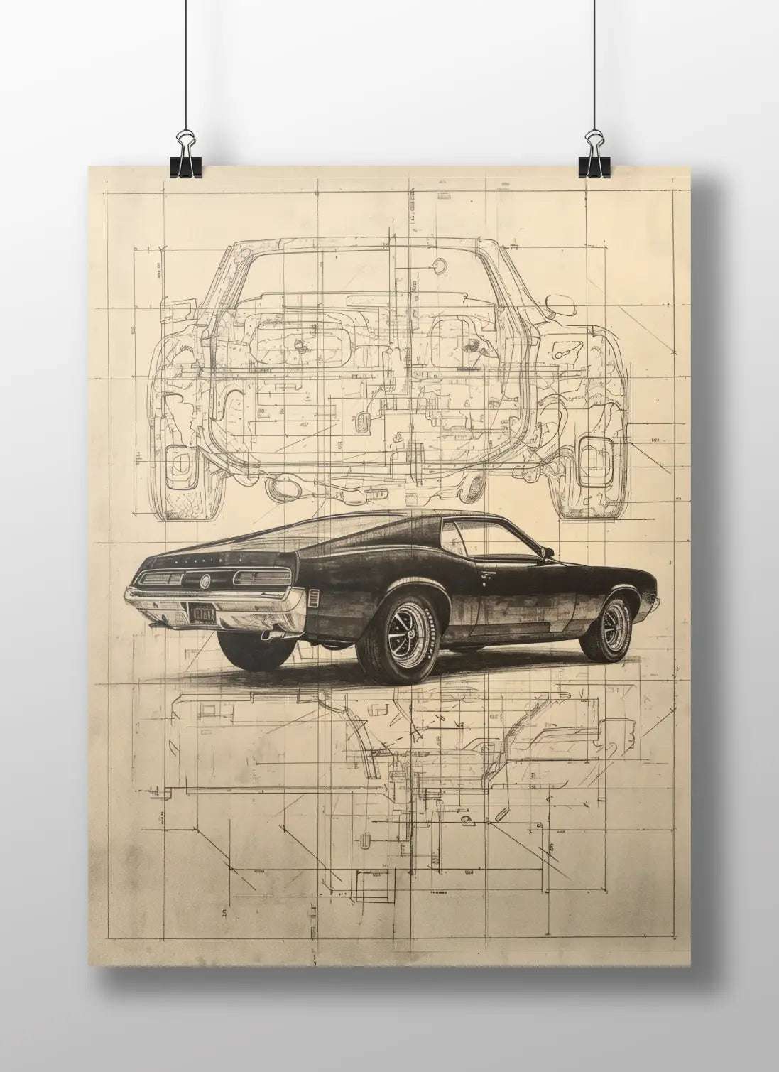 Classic Muscle Car Poster – Retro Blueprint Wall Art for Garage, Office, or Workshop Decor