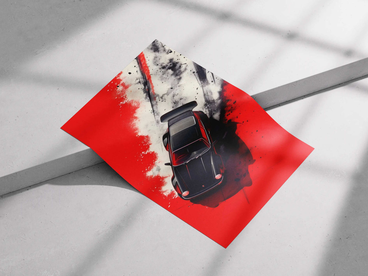 Porsche 911 Drift Art Poster – Black Sports Car Wall Decor with Red Racing Aesthetic