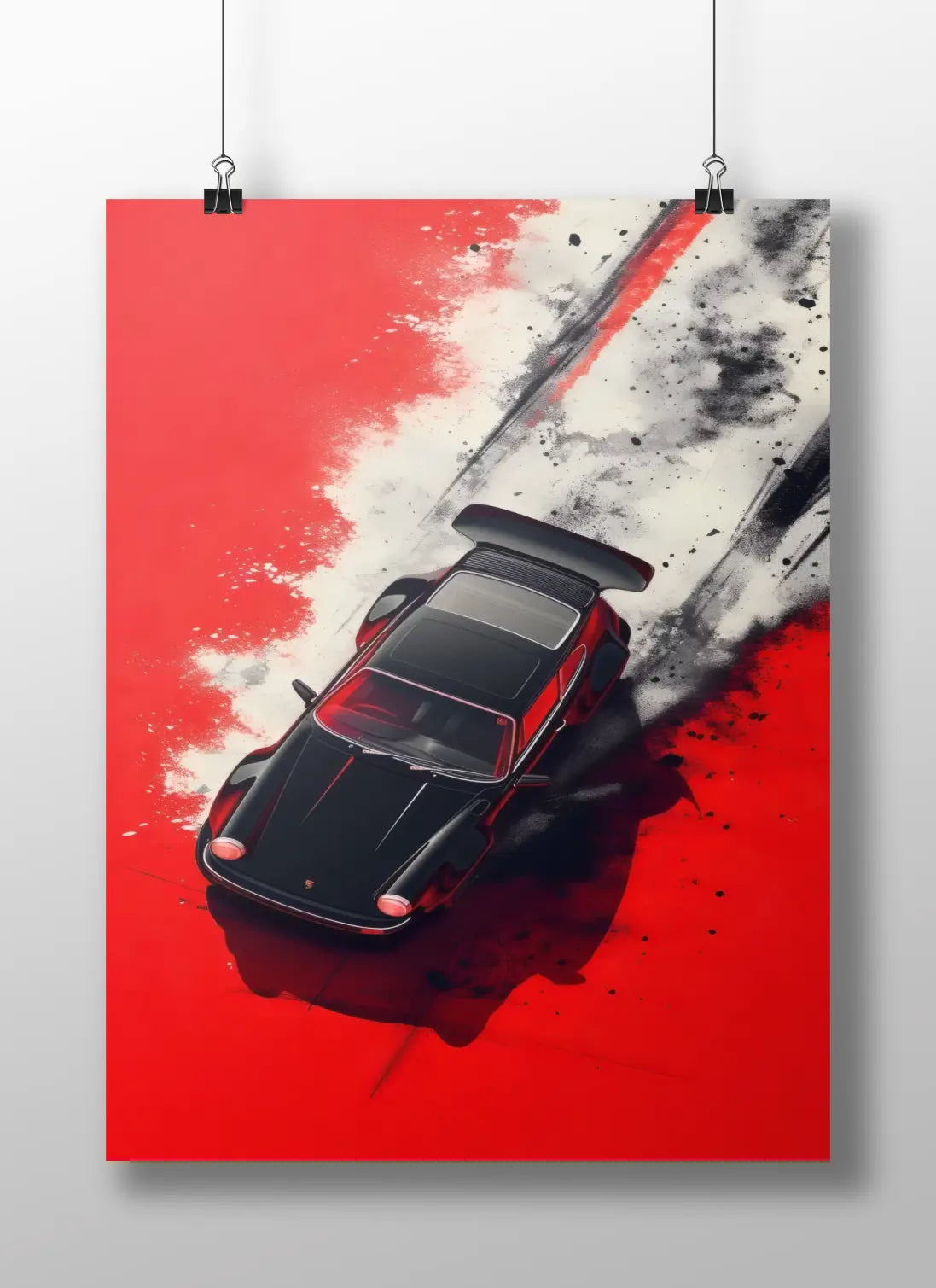 Porsche 911 Drift Art Poster – Black Sports Car Wall Decor with Red Racing Aesthetic