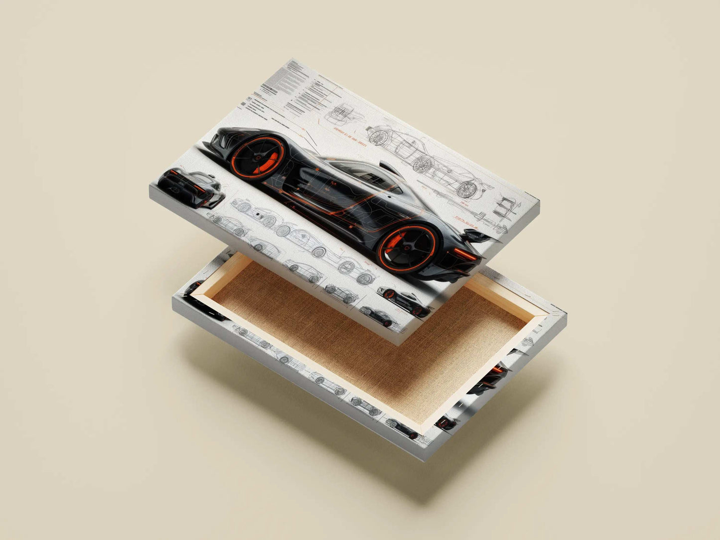 Futuristic Hypercar Blueprint Poster – Black & Orange Automotive Concept Art Print