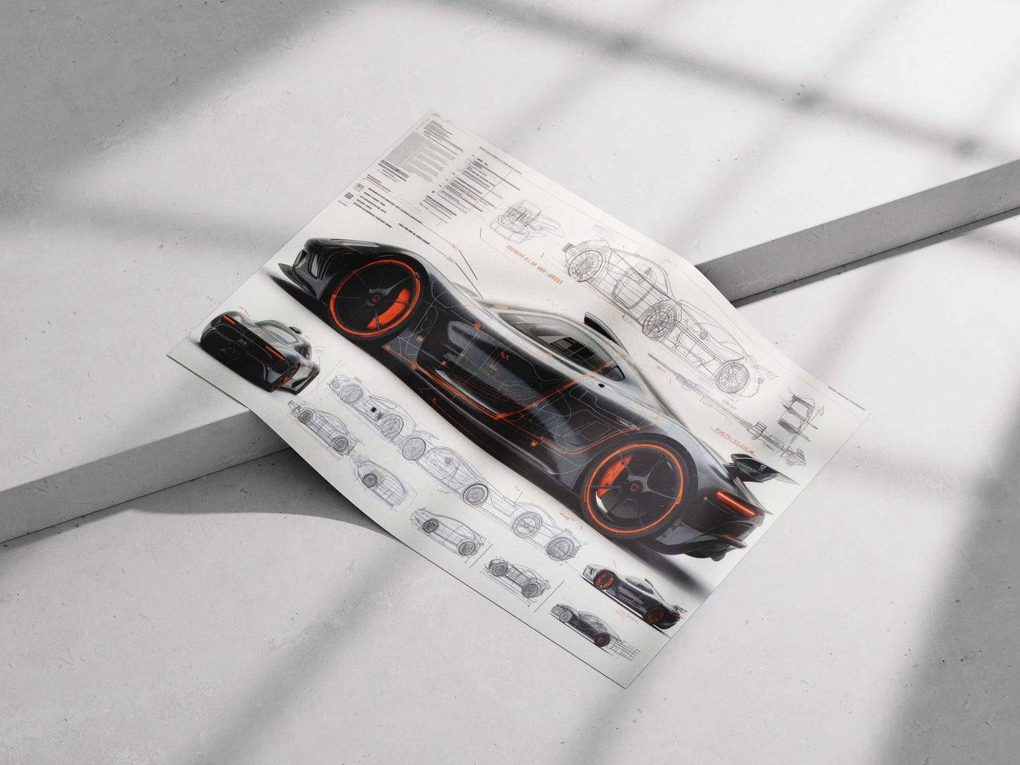 Futuristic Hypercar Blueprint Poster – Black & Orange Automotive Concept Art Print