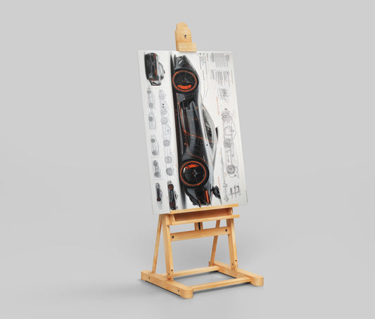 Futuristic Hypercar Blueprint Poster – Black & Orange Automotive Concept Art Print