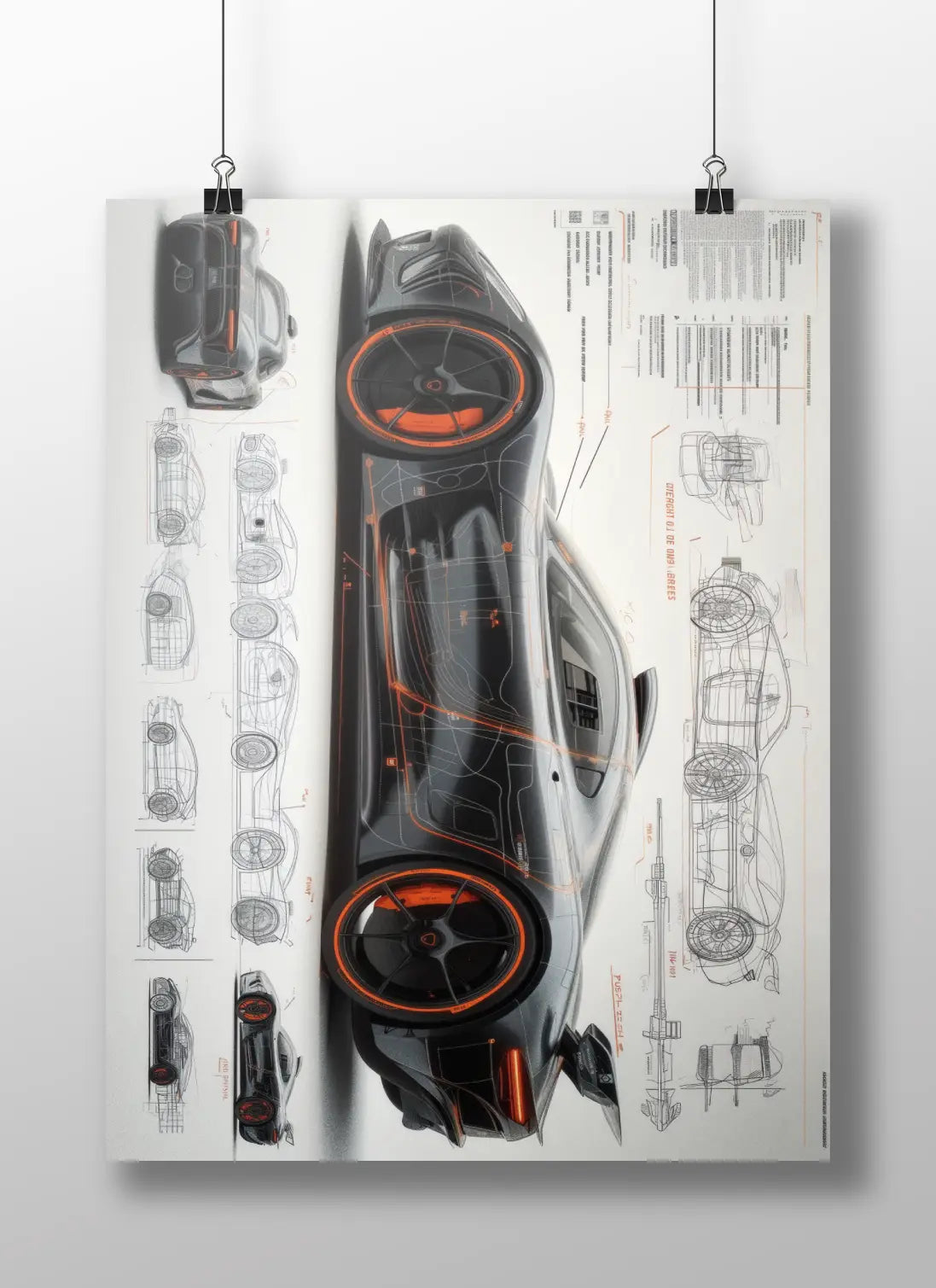 Futuristic Hypercar Blueprint Poster – Black & Orange Automotive Concept Art Print