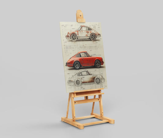 Vintage Porsche 911 Evolution Blueprint Poster – Patina to Restoration Car Wall Art