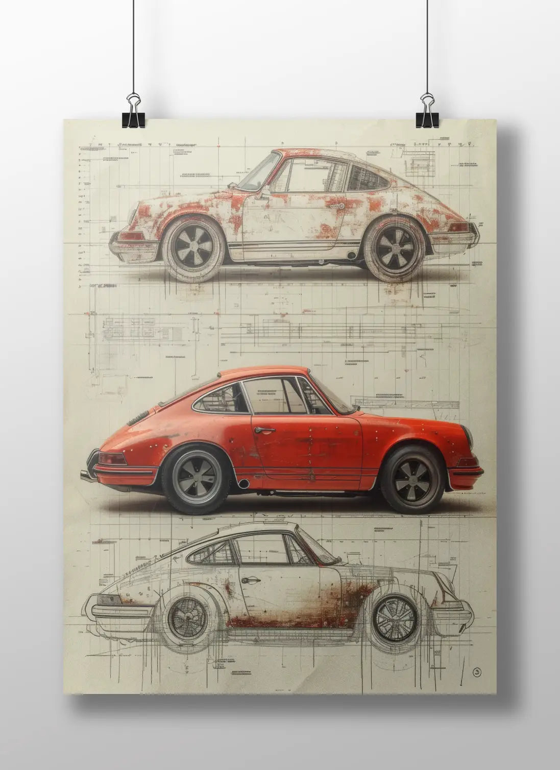 Vintage Porsche 911 Evolution Blueprint Poster – Patina to Restoration Car Wall Art