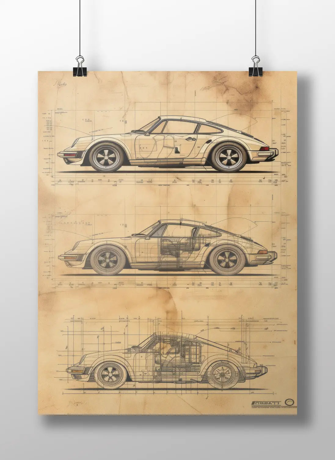 Porsche 911 Blueprint Poster – Vintage Technical Drawing Wall Art for Car Lovers & Garage Decor