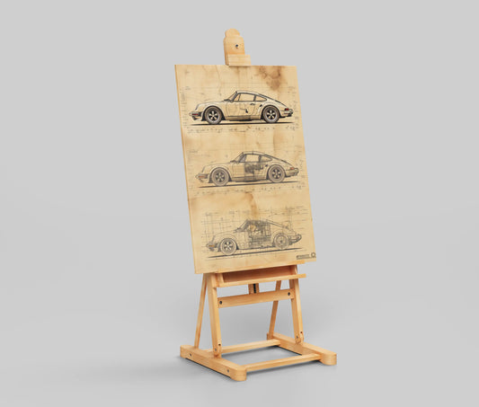 Porsche 911 Blueprint Poster – Vintage Technical Drawing Wall Art for Car Lovers & Garage Decor