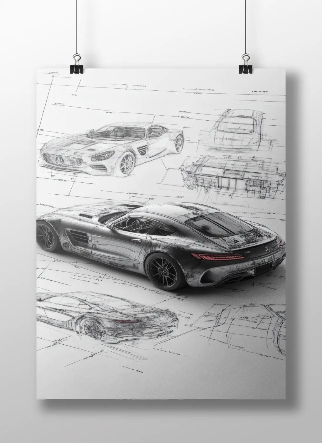 Mercedes AMG GT Poster – Technical Blueprint Car Art Print for Garage, Office, or Auto Enthusiasts