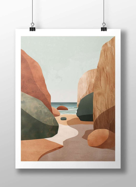 Coastal rock formations flanking a sandy beach path toward the ocean Main Subject: Coastal rock formations flanking a sandy