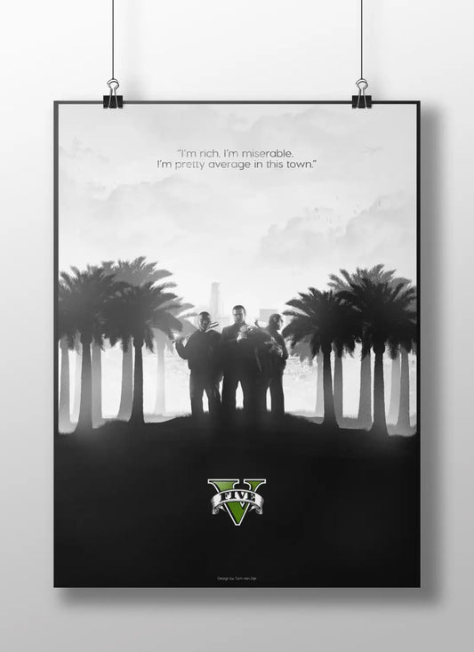 Minimalist GTA 5 Poster - Michael Franklin Trevor Silhouette Art