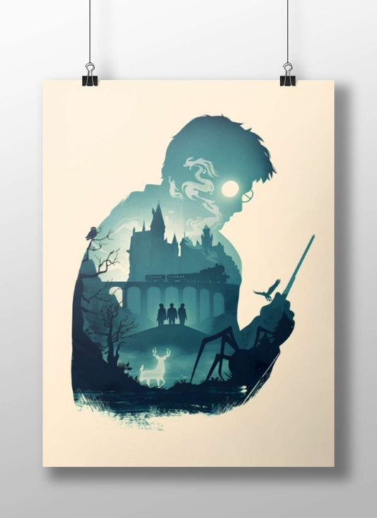 Harry Potter (from the Harry Potter franchise), featuring Hogwarts Castle, a stag Patronus, wand, and other iconic elements.
