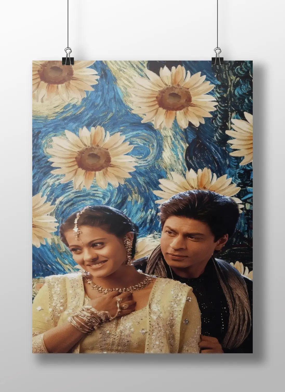 SRK & Kajol Van Gogh Poster – Bollywood Romantic Couple Art Print | Vintage Starry Sunflower Fusion Wall Decor