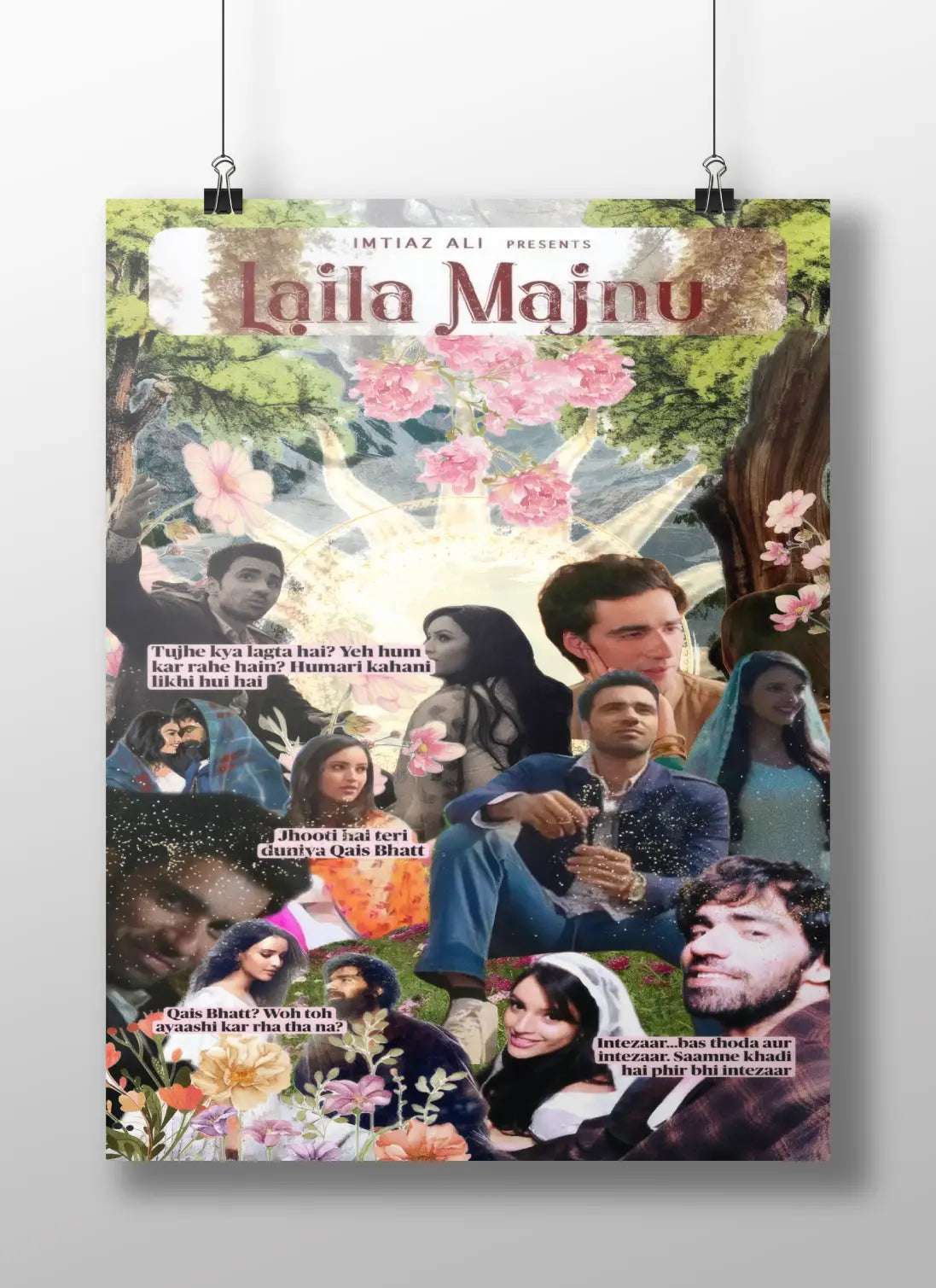Laila Majnu Collage Poster – Aesthetic Bollywood Romance Wall Art | Imtiaz Ali Qais Bhatt Quote Print