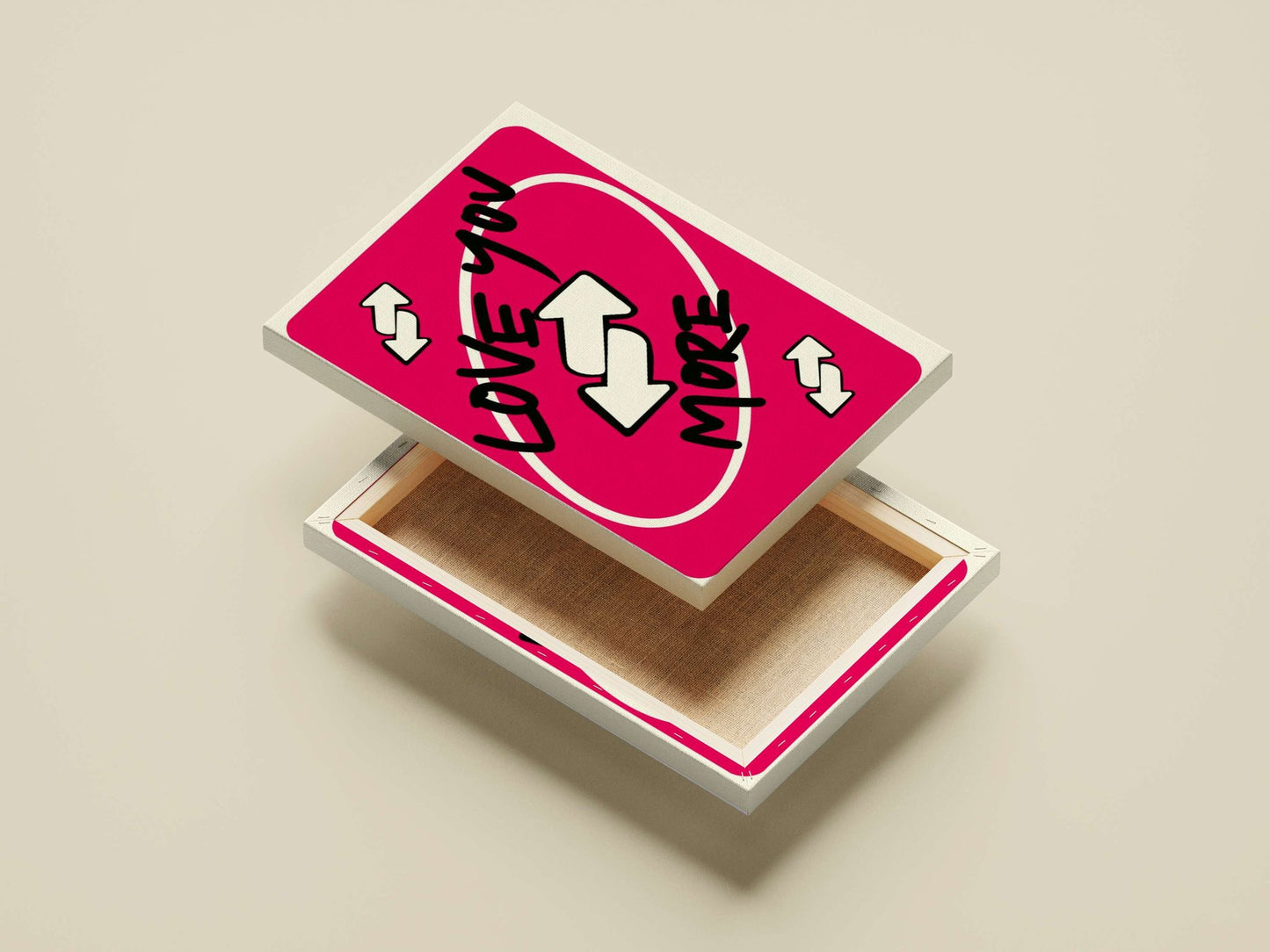 The textual phrase "LOVE you MORE" presented with directional arrows and an oval outline Main Subject: The textual phrase