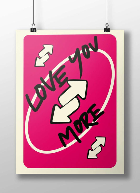 The textual phrase "LOVE you MORE" presented with directional arrows and an oval outline Main Subject: The textual phrase