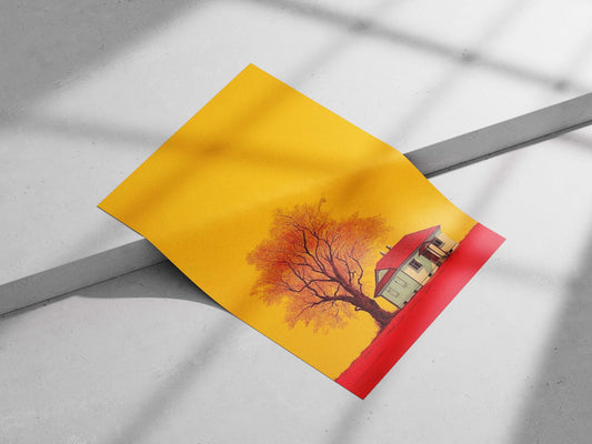 A small cottage with a red roof and a large deciduous tree Main Subject: A small cottage with a red roof and a large