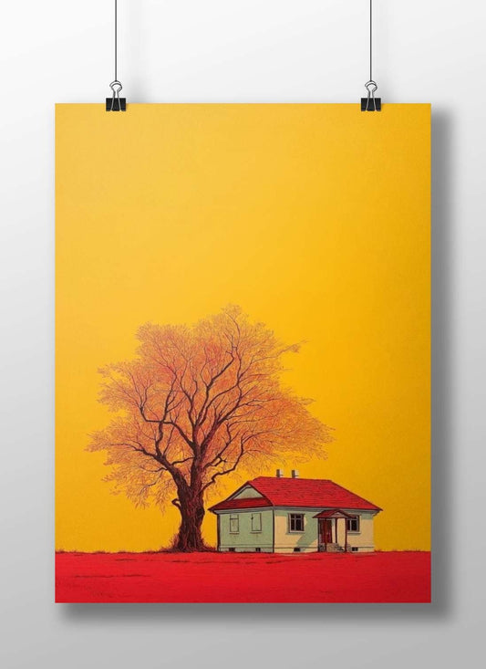 A small cottage with a red roof and a large deciduous tree Main Subject: A small cottage with a red roof and a large