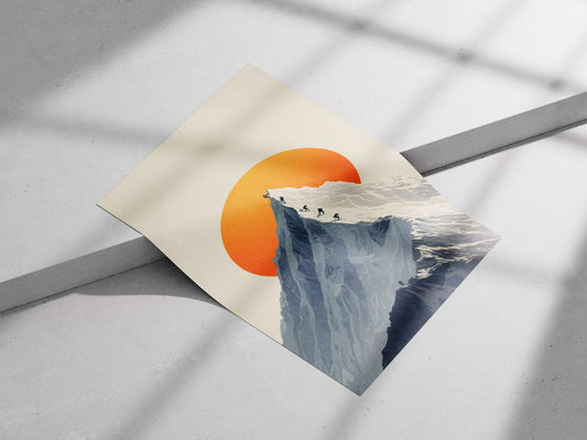Climbers ascending a snow-capped mountain peak under an orange sun backdrop Main Subject: Climbers ascending a snow-capped