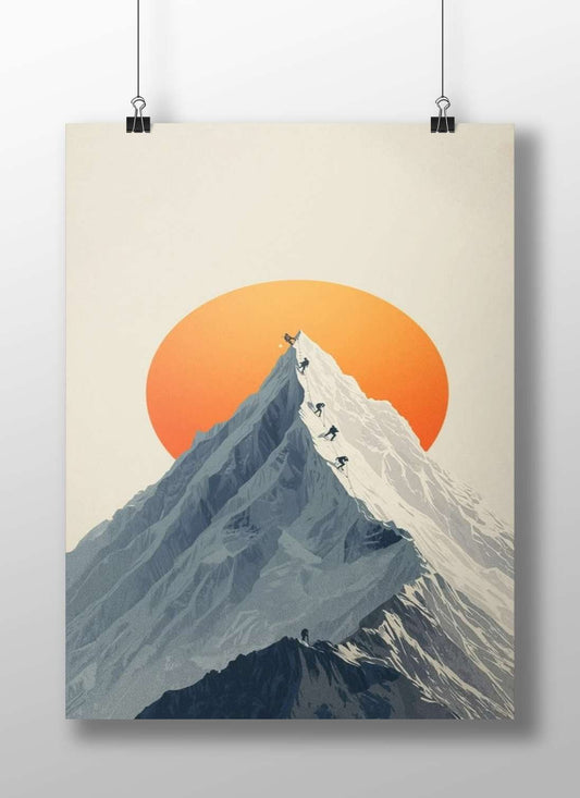 Climbers ascending a snow-capped mountain peak under an orange sun backdrop Main Subject: Climbers ascending a snow-capped