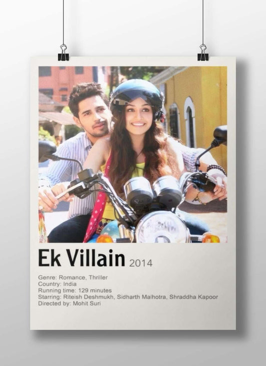 The movie poster for "Ek Villain" (2014) featuring actors Riteish Deshmukh, Sidharth Malhotra, and Shraddha Kapoor on a