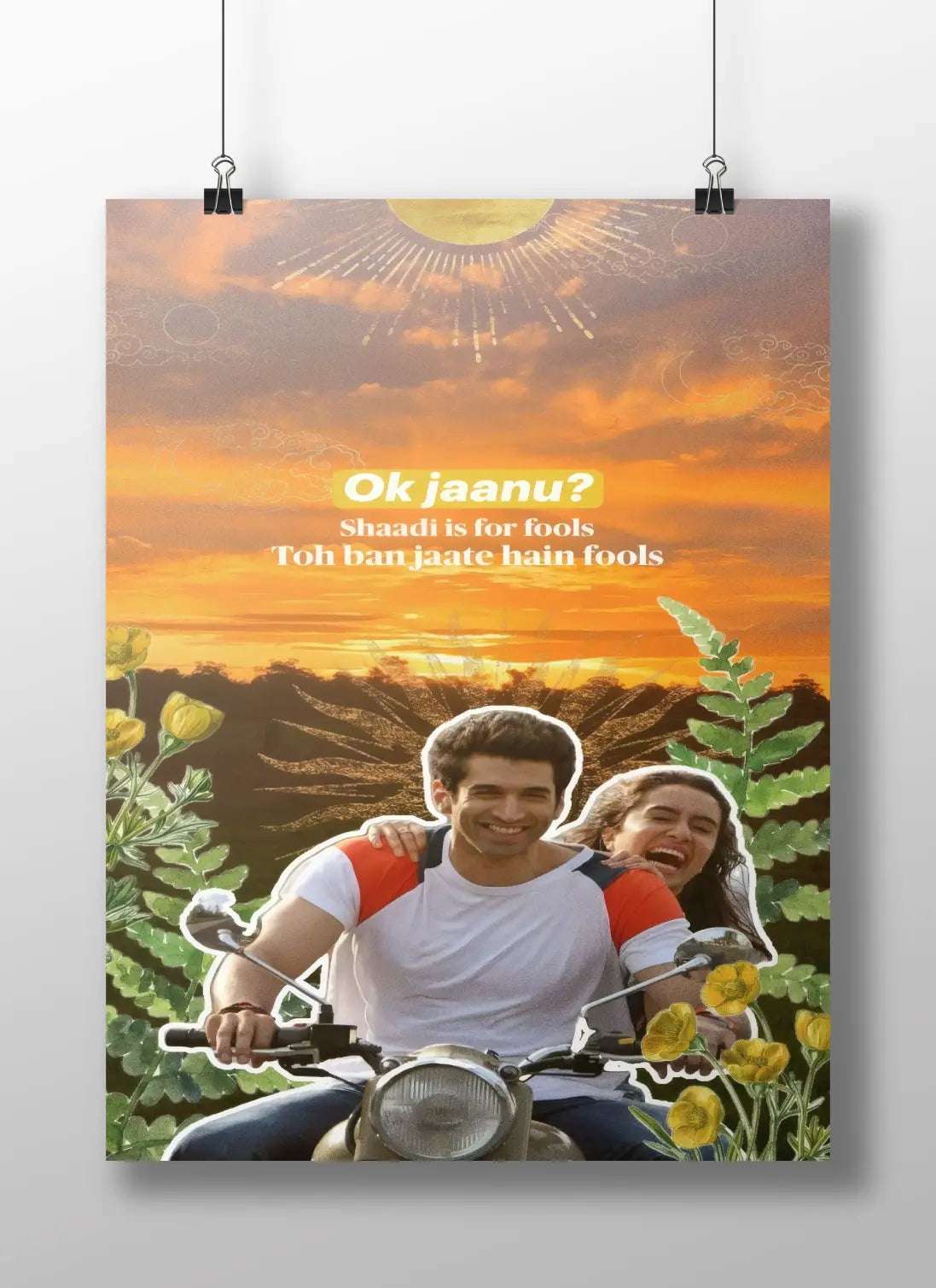 Ok Jaanu Movie Poster – Aditya Roy Kapur & Shraddha Kapoor Bike Scene | Romantic Bollywood Sunset Collage Print
