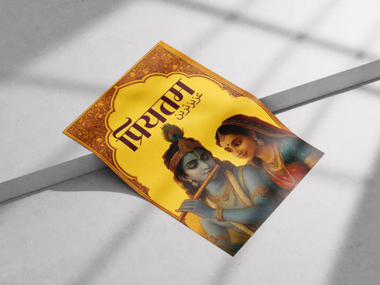 Divine Priyatam Radha Krishna poster with yellow background and flute imagery, styled in a peaceful modern bedroom.
