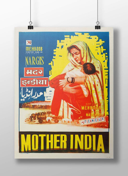 Vintage movie poster for 'Mother India' with a woman holding a child, set against a blue and yellow background. Rigid Boizzboard hard poster of the film Mother India, featuring bold trilingual typography in a sleek, frameless cultural decor setup.