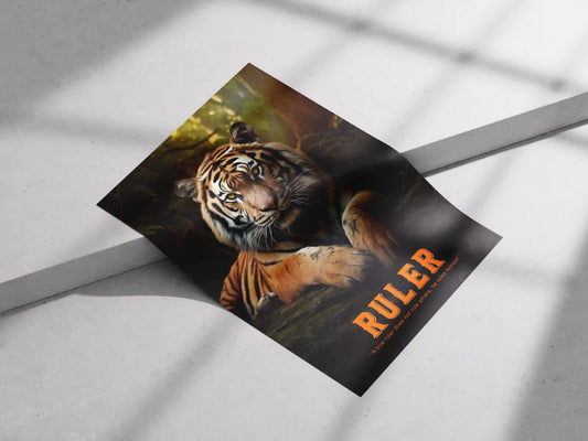 Motivational tiger poster with leadership quote "The Ruler," styled in a modern executive office setup.