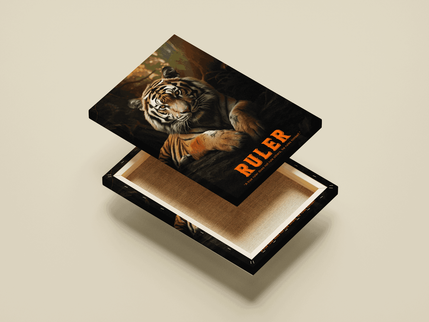 Textured gallery canvas print of the Tiger Ruler art, highlighting the cinematic forest lighting and powerful motivational text.